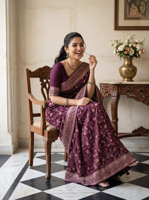 Banarasi Silk Wine Allover Floral Saree with Matching Zari Border