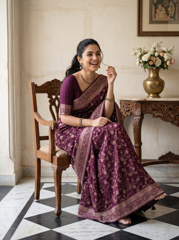 Banarasi Silk Wine Allover Floral Saree with Matching Zari Border