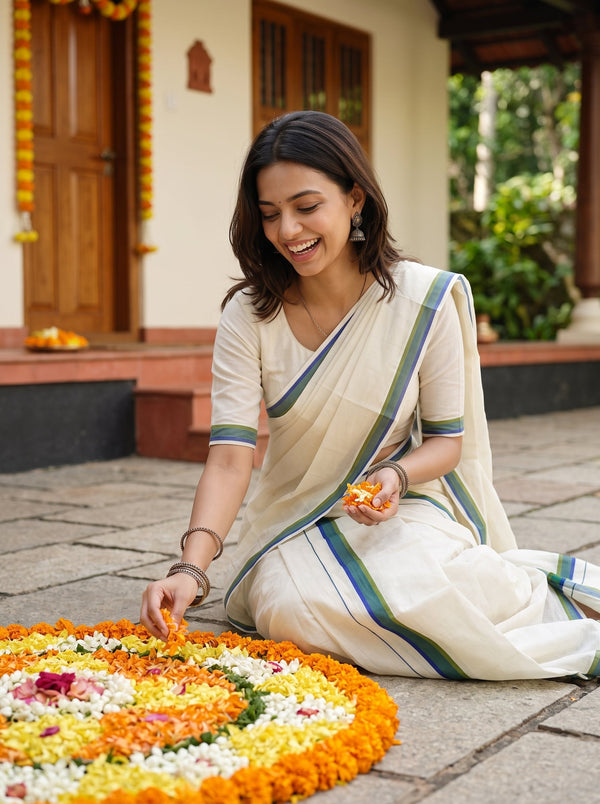 Cotton Cream with Blue and Green Stripe Border Onam Special Kerala Set Mundu