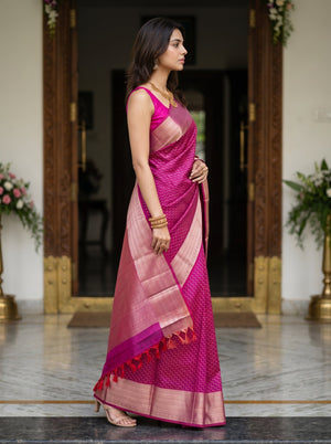 Kanjivaram Silk Magenta Pink Zari Woven Traditional Saree