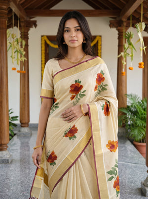 Tissue Cream Printed Onam Special Kerala Floral Saree with Golden Maroon Border