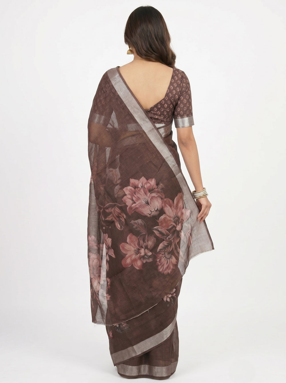 Tissue Linen Brown Floral Printed Saree