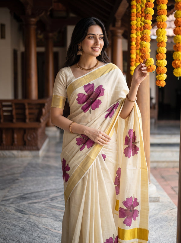 A woman wearing a cream-colored saree with purple floral prints and gold borders, standing in a traditional courtyard with hanging marigold garlands.