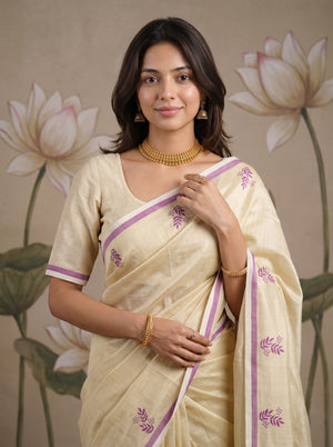 Tissue Cream Purple Leaf Print Onam Special Kerala Saree