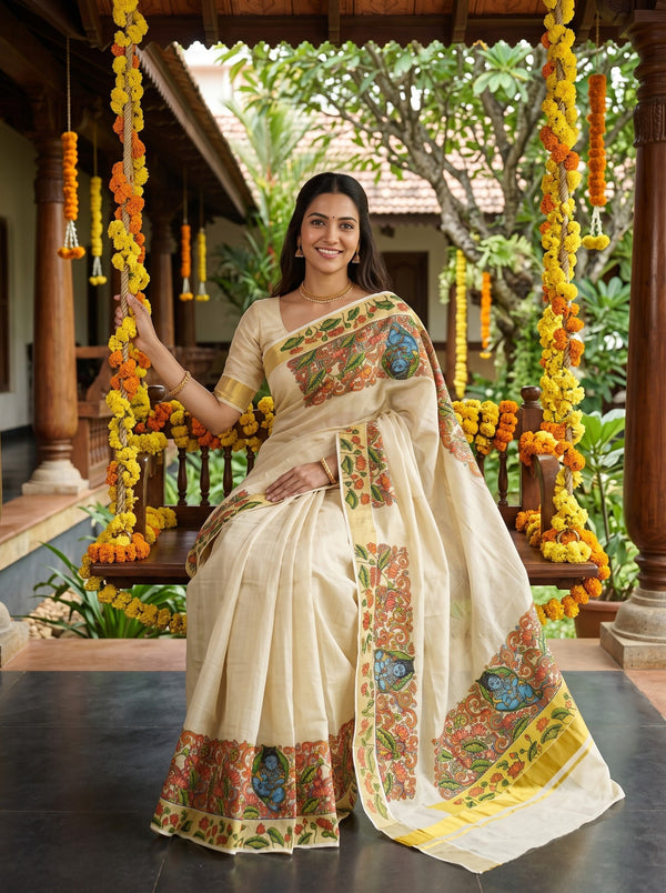 Tissue Cream Krishna Mural Print With Golden Border Onam Special Kerala Saree