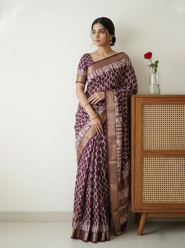Soft Cotton Wine Maroon Tribal Print Saree with Zari Geometric Border