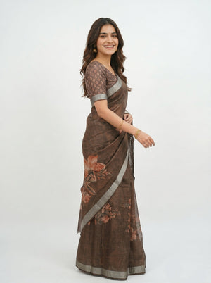 Tissue Linen Coffee Brown Floral Printed Saree