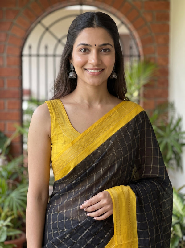 Synthetic Black Checked Saree with Golden Yellow Border