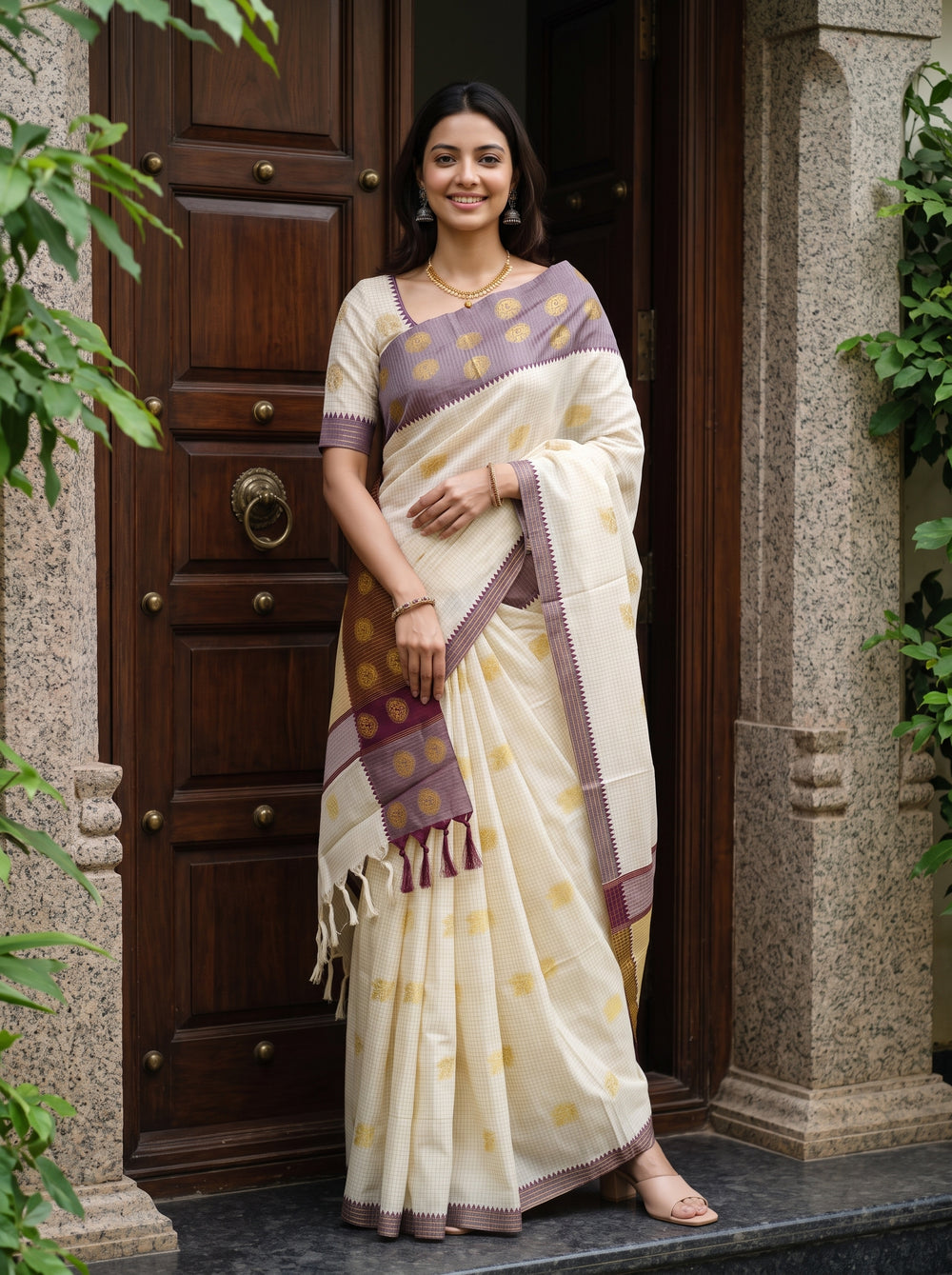 Cotton Cream Checkered Body Saree with Gold Buti and Maroon Temple Border