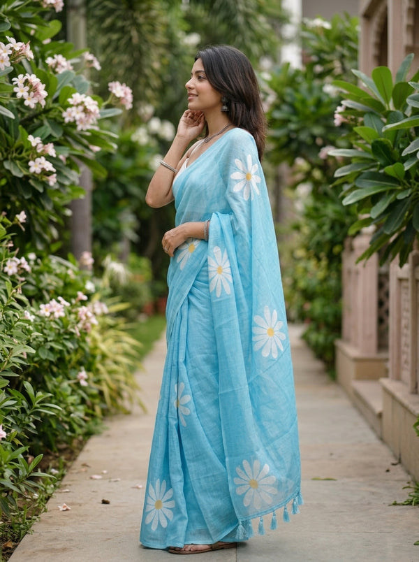 Cotton Sky Blue Large Daisy Print Saree with Tassel Pallu