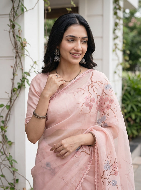 Organza Peach Saree with Cherry Blossom Branch Print