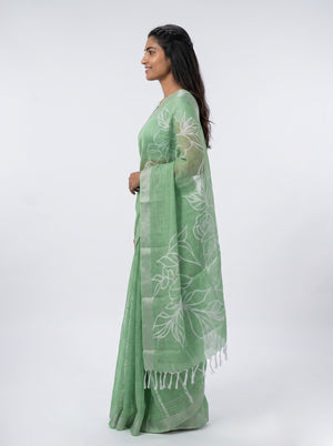 Linen Sea Green Floral Print Saree with Silver Striped Border