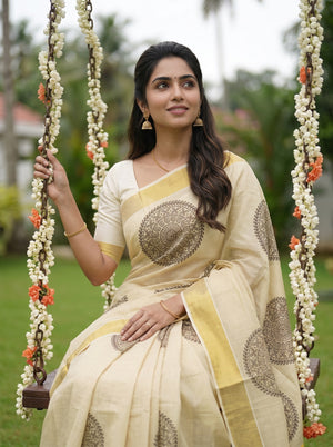 Tissue Golden Cream Rangoli Medallion Print Onam Special Kerala Saree