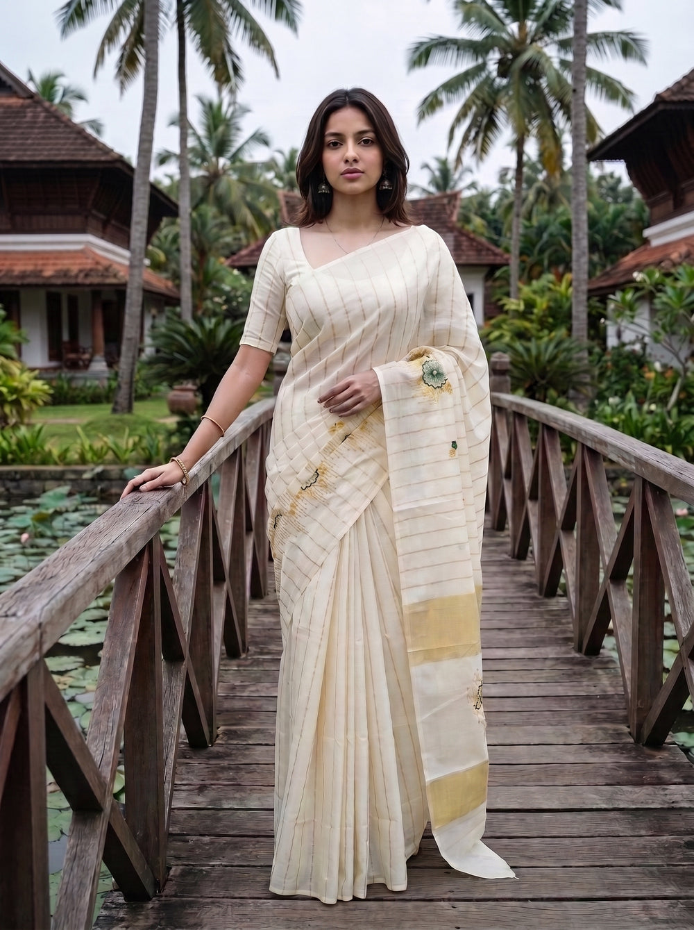 Cotton Cream Pinstripe Kasavu Kerala Saree with Embroidered Floral Border