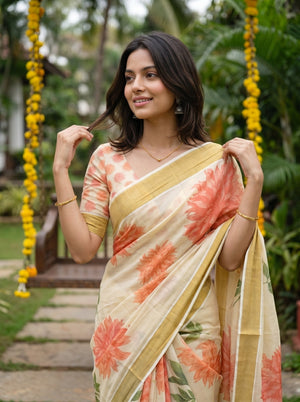 Tissue Cream Large Floral Print Tassel Kerala Saree