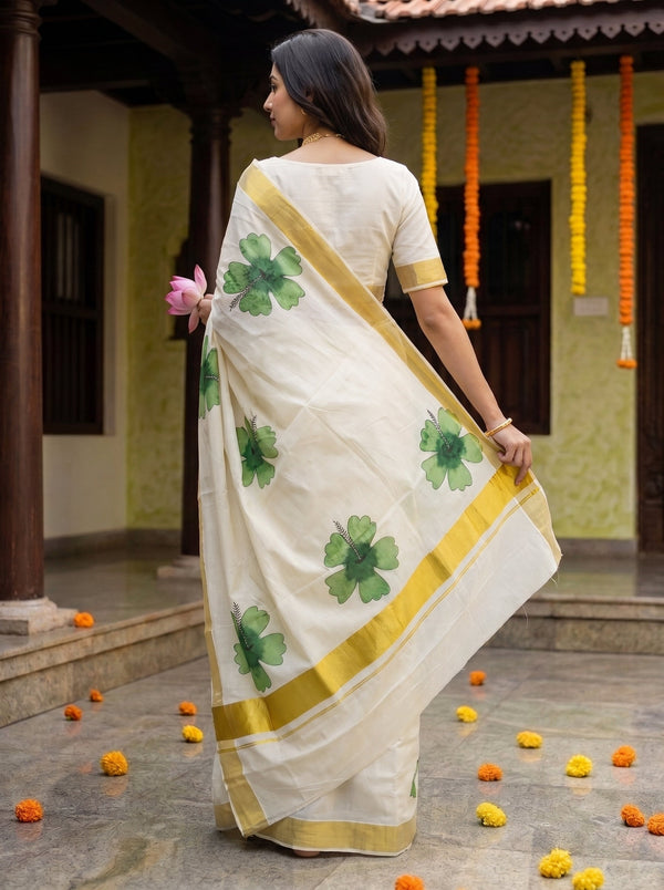 Cotton Cream Green Hibiscus Print Onam Special Kerala Saree