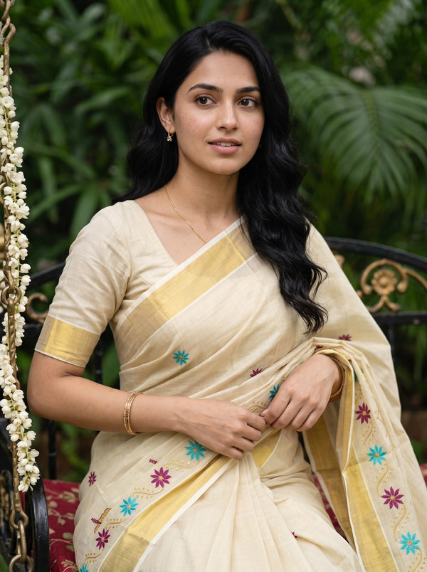 Tissue Cream Golden Teal Hibiscus Floral Print Onam Special Kerala Saree with Star Butti