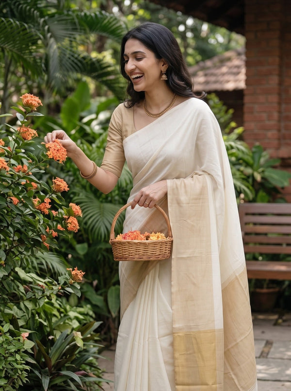 Cotton Cream Plain Body Broad Golden Tissue Zari Pallu Kasavu Border Crochet Tassel Kerala Saree