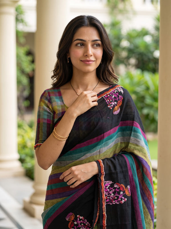 Linen Black Multicolor Checked Striped Pallu Floral Embroidered Sequin Tassels saree