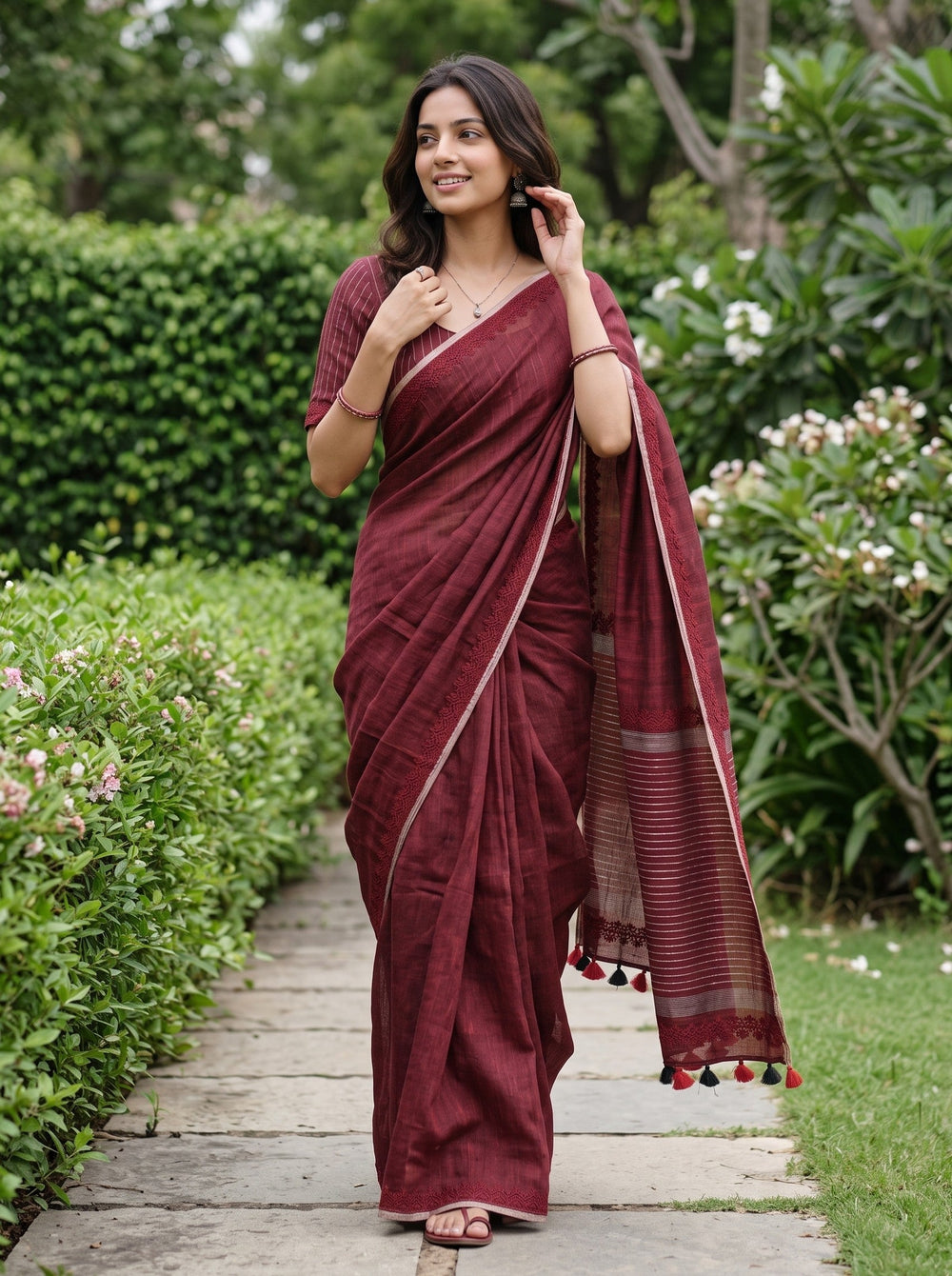 Linen Maroon Red Sequin Striped Pallu Crochet Lace Border Red Black Tassels saree
