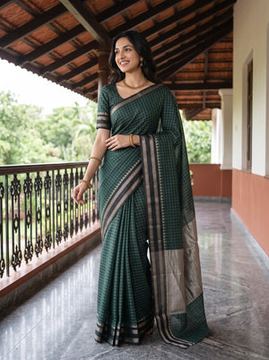 Cotton Silk Dark Green Checkered Silver Zari Border Saree