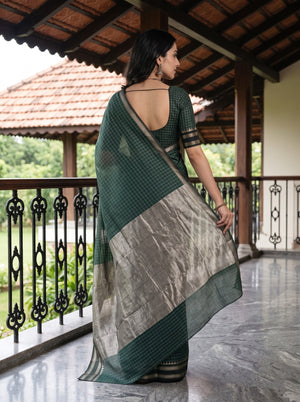 Cotton Silk Dark Green Checkered Silver Zari Border Saree