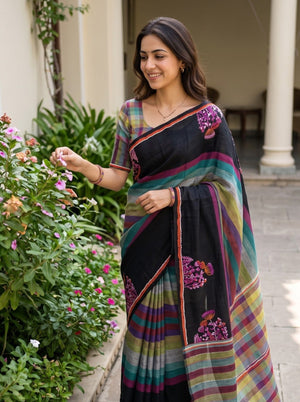Linen Black Multicolor Checked Striped Pallu Floral Embroidered Sequin Tassels saree