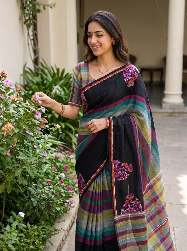 Linen Black Multicolor Checked Striped Pallu Floral Embroidered Sequin Tassels saree