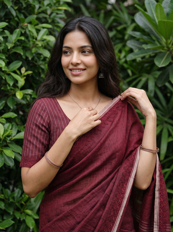 Linen Maroon Red Sequin Striped Pallu Crochet Lace Border Red Black Tassels saree