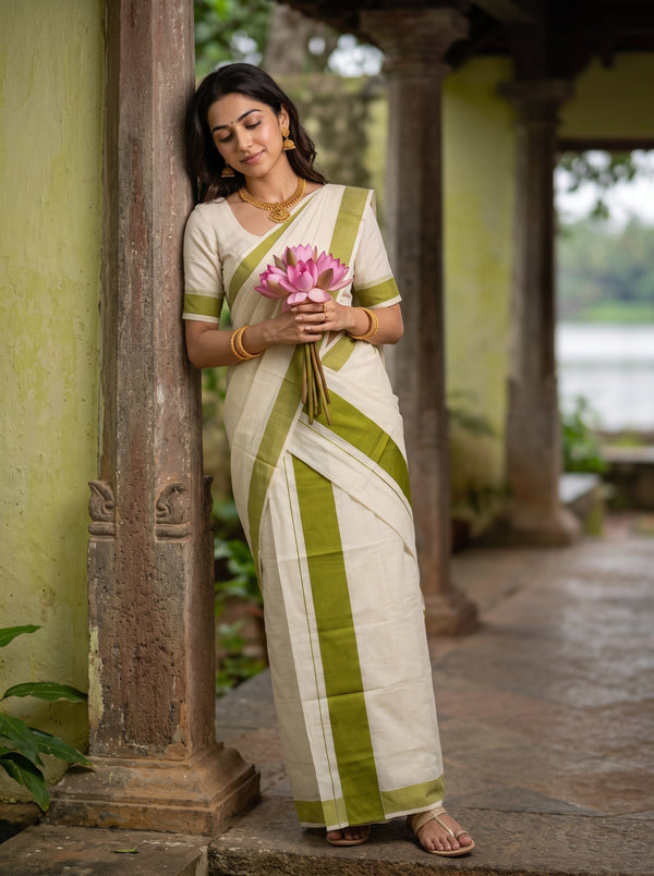A woman wearing a cream and olive green saree stands in a rustic outdoor corridor, holding a pink lotus flower.
