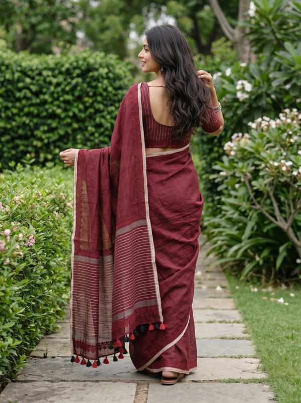 Linen Maroon Red Sequin Striped Pallu Crochet Lace Border Red Black Tassels saree