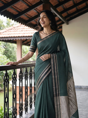 Cotton Silk Dark Green Checkered Silver Zari Border Saree