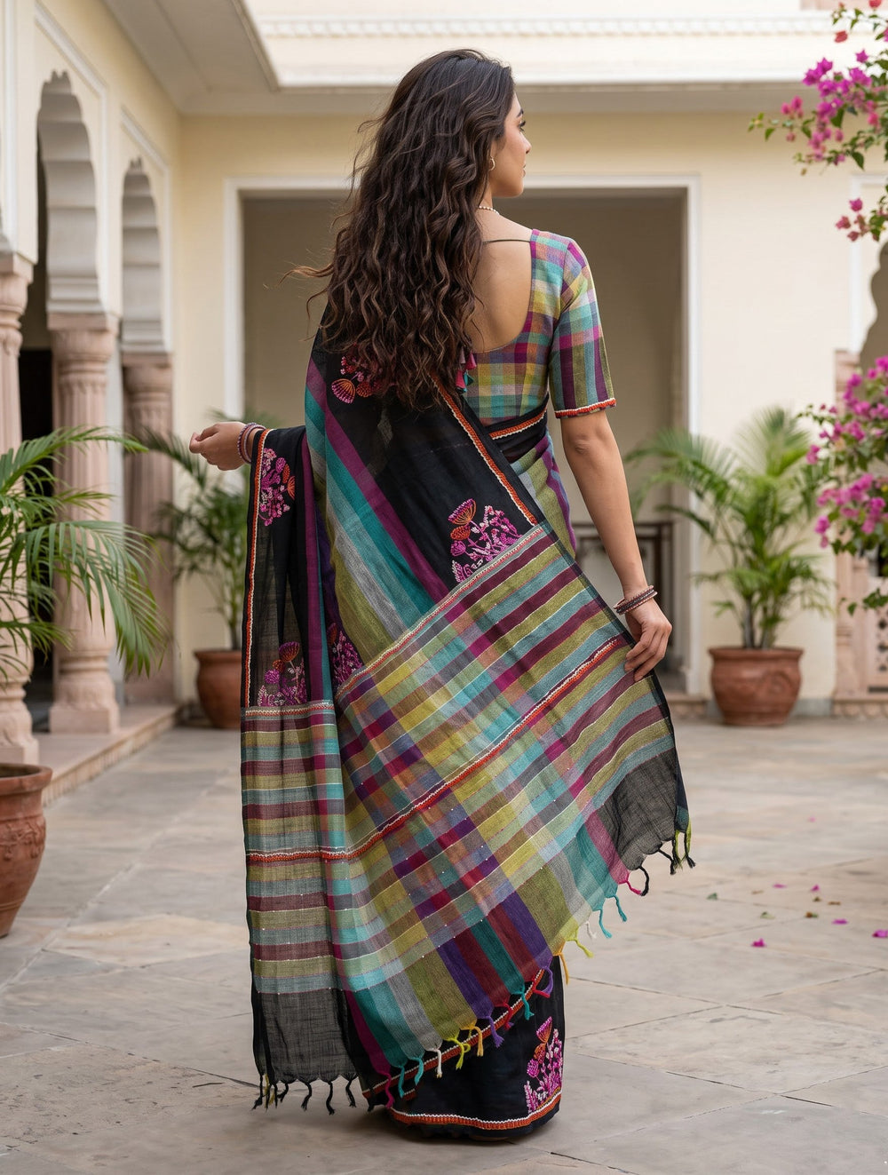 Linen Black Multicolor Checked Striped Pallu Floral Embroidered Sequin Tassels saree