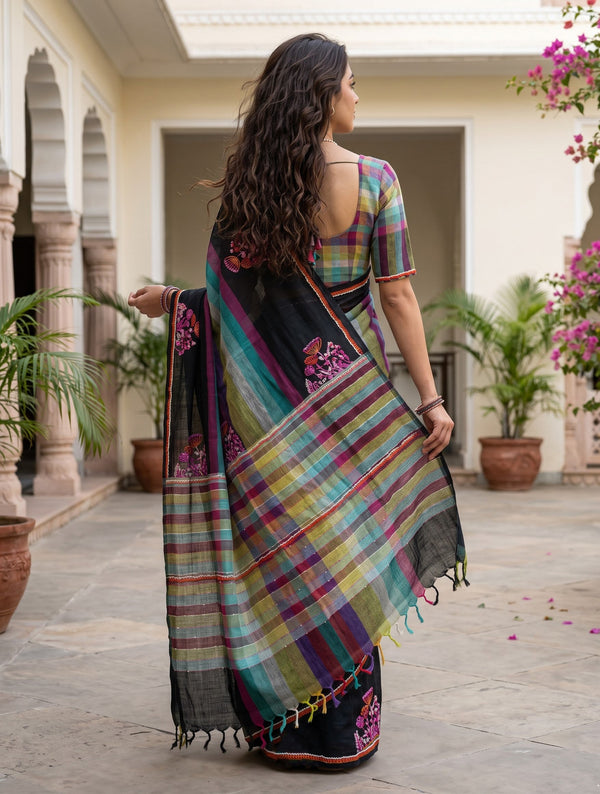 Linen Black Multicolor Checked Striped Pallu Floral Embroidered Sequin Tassels saree