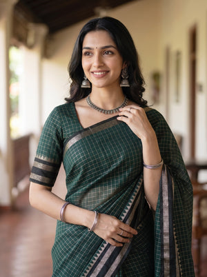Cotton Silk Dark Green Checkered Silver Zari Border Saree