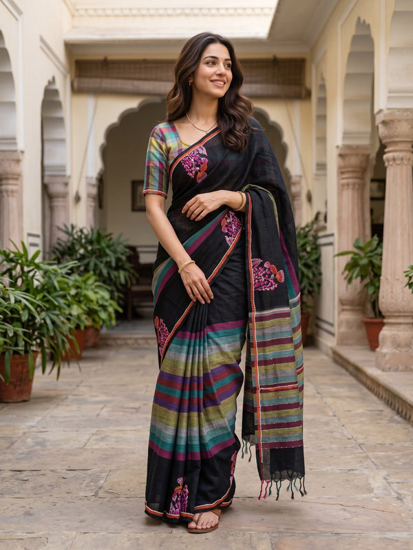 Linen Black Multicolor Checked Striped Pallu Floral Embroidered Sequin Tassels saree