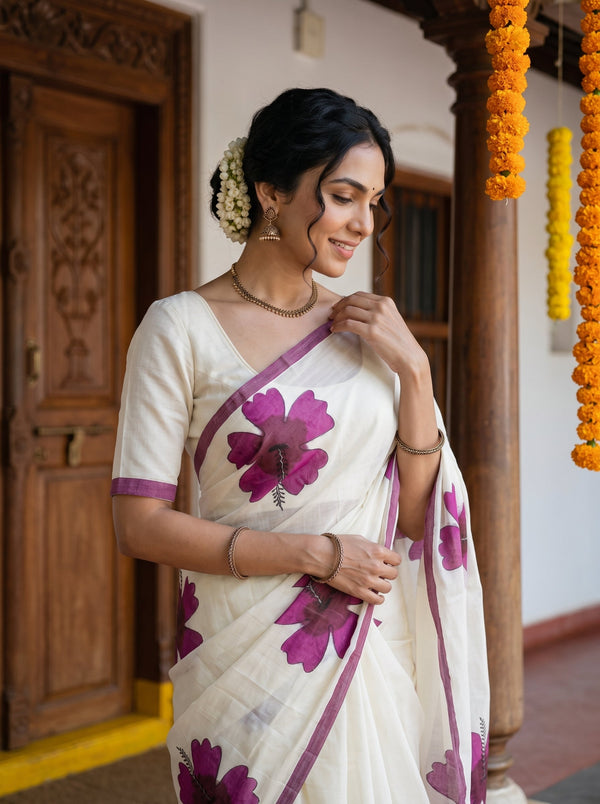 Cotton Cream Magenta Hibiscus Print Tassel Onam Special Kerala Saree