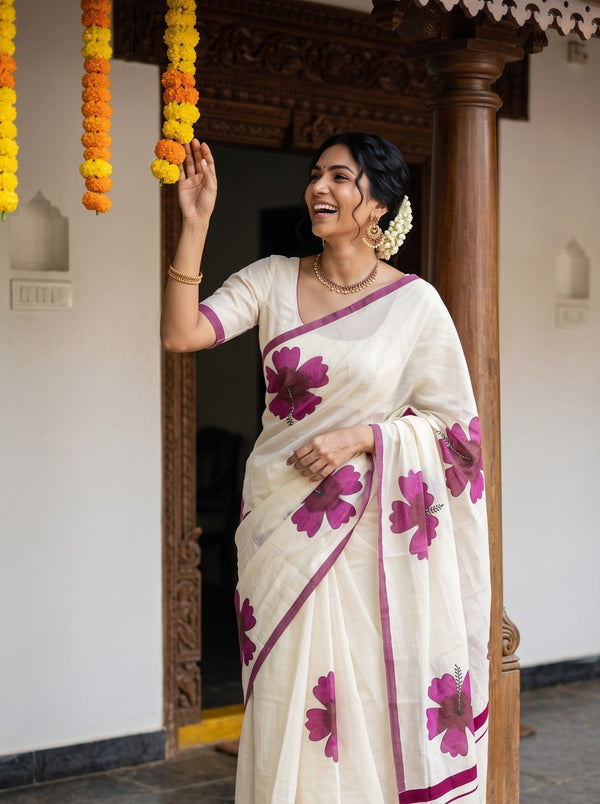 A woman wearing a white saree with large magenta floral prints and border details, standing in a traditional doorway and touching a hanging marigold garland.