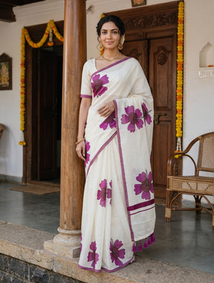 Cotton Cream Magenta Hibiscus Print Tassel Onam Special Kerala Saree