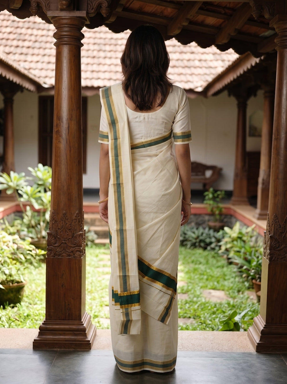Cotton Cream Dark Green Stripe Border Onam Special Set Mundu