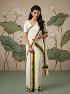 Cotton Cream Olive Green and Black Stripe Border Onam Special Set Mundu