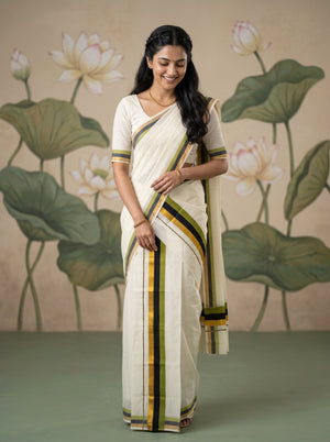 Cotton Cream Olive Green and Black Stripe Border Onam Special Set Mundu