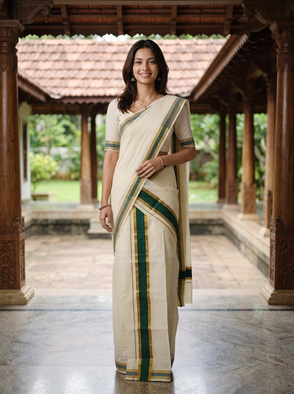 Cotton Cream Dark Green Stripe Border Onam Special Set Mundu