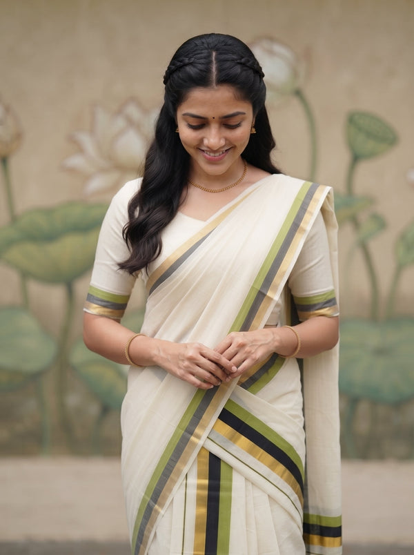 A woman wearing a cream-colored cotton saree with olive green, black, and mustard yellow stripes, standing in front of a painted lotus wall.