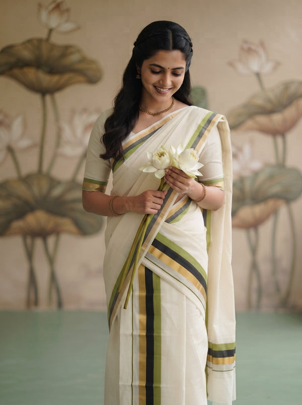 A woman wearing a cream-colored cotton saree with green and gold stripes, holding white lotus flowers against a soft-focus lotus wallpaper background.