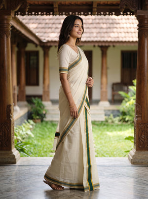 Cotton Cream Dark Green Stripe Border Onam Special Set Mundu