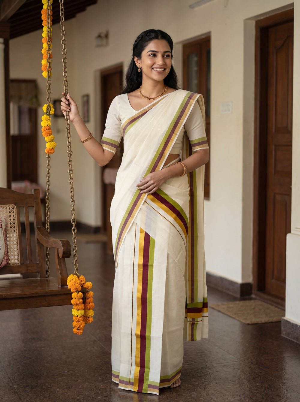 A woman wearing a cream-colored traditional Indian saree with green, yellow, and maroon stripes stands in a hallway holding a hanging flower garland.