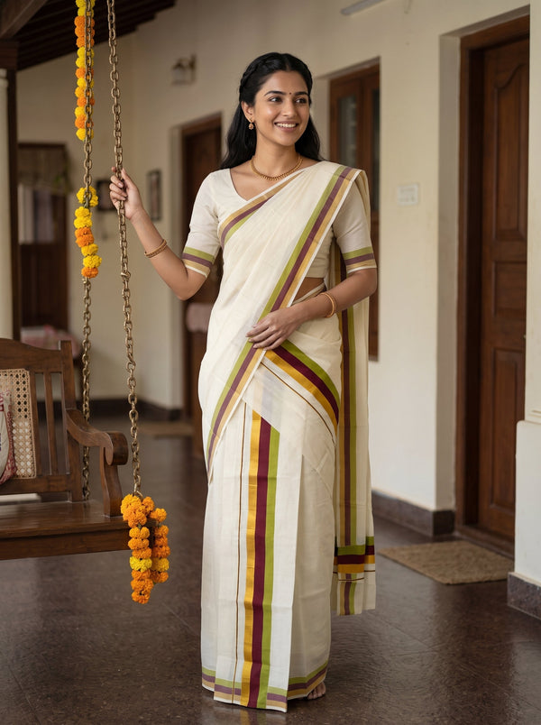 A woman wearing a cream-colored traditional Indian saree with green, yellow, and maroon stripes stands in a hallway holding a hanging flower garland.