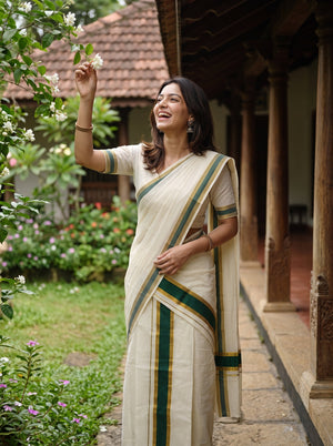 Cotton Cream Dark Green Stripe Border Onam Special Set Mundu