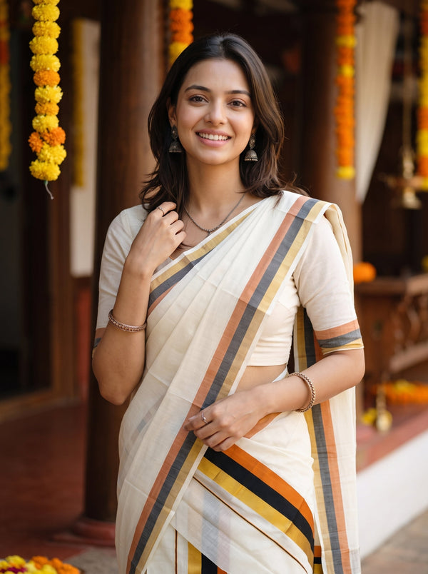 Cotton Cream Orange Black Zari Stripe Border Onam Special Set Mundu